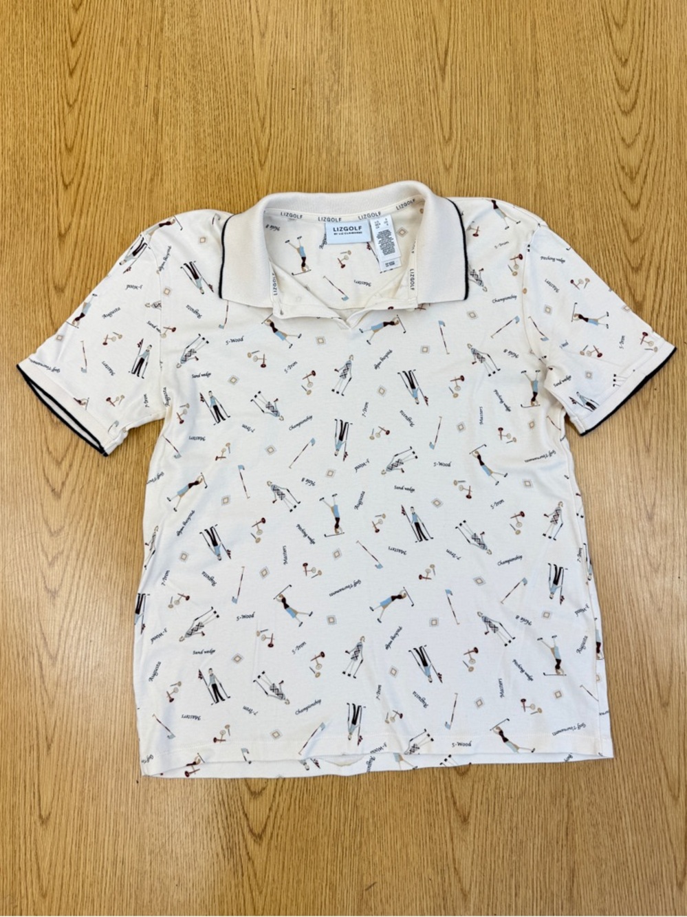 Lizgolf Women’s 100% Cotton Cream Polo with allover Golf Print Size S Sporty
